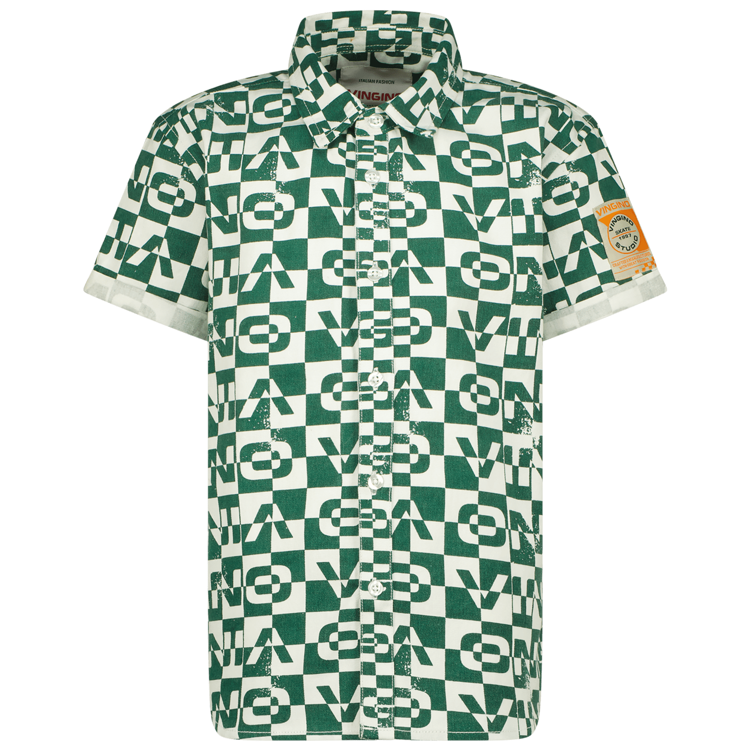 VINGINO overhemd Lampo met all over print groen wit Jongens Katoen Klassieke kraag 140
