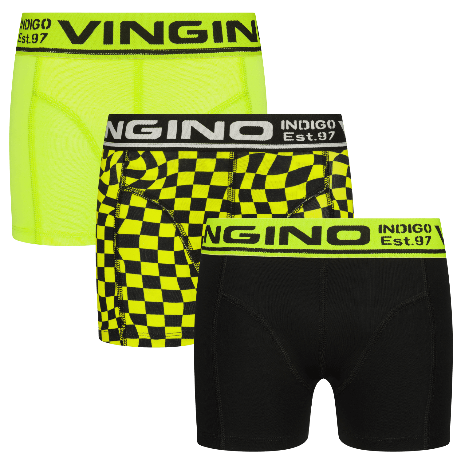 VINGINO boxershort Check set van 3 zwart neon geel Jongens Stretchkatoen 146 152