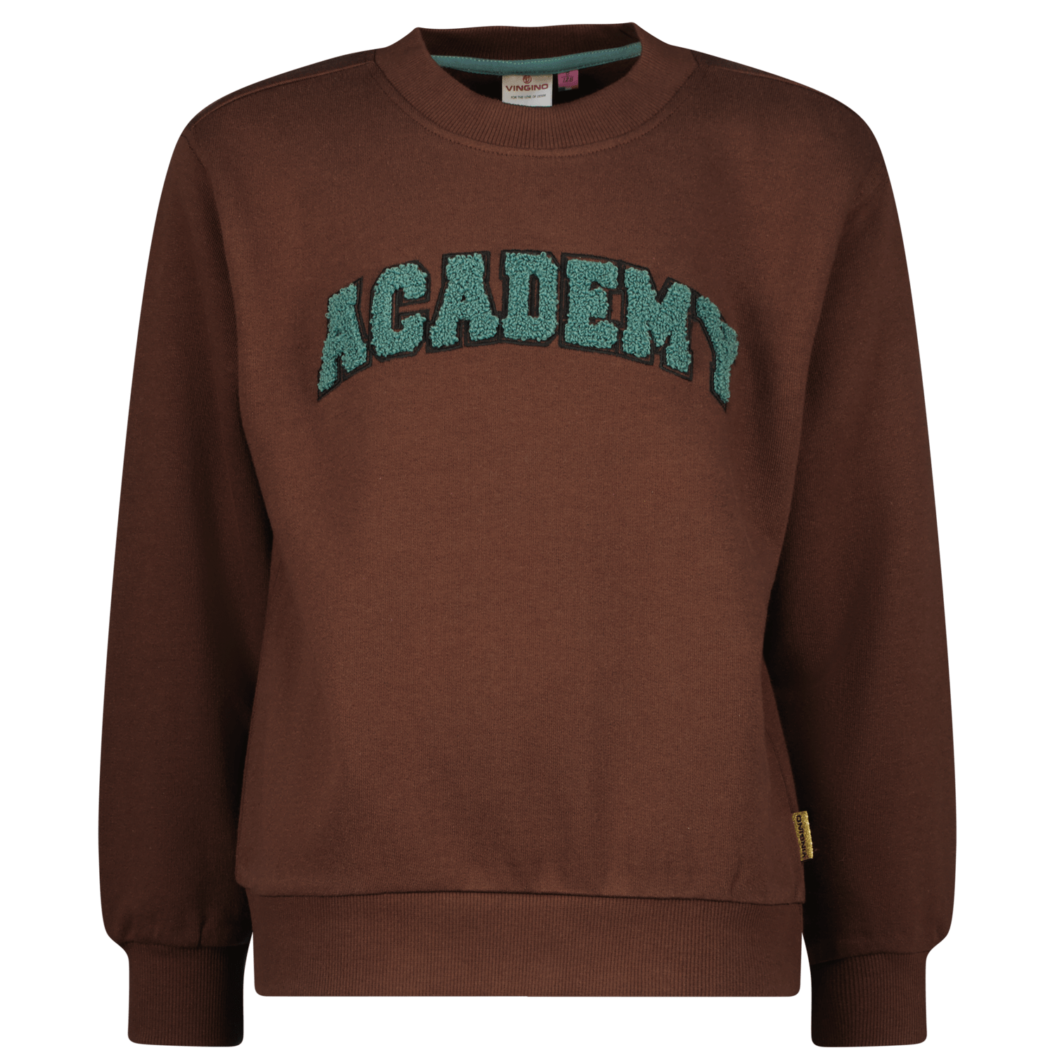 VINGINO sweater Nousha met tekst en 3D applicatie bruin blauw Tekst 140