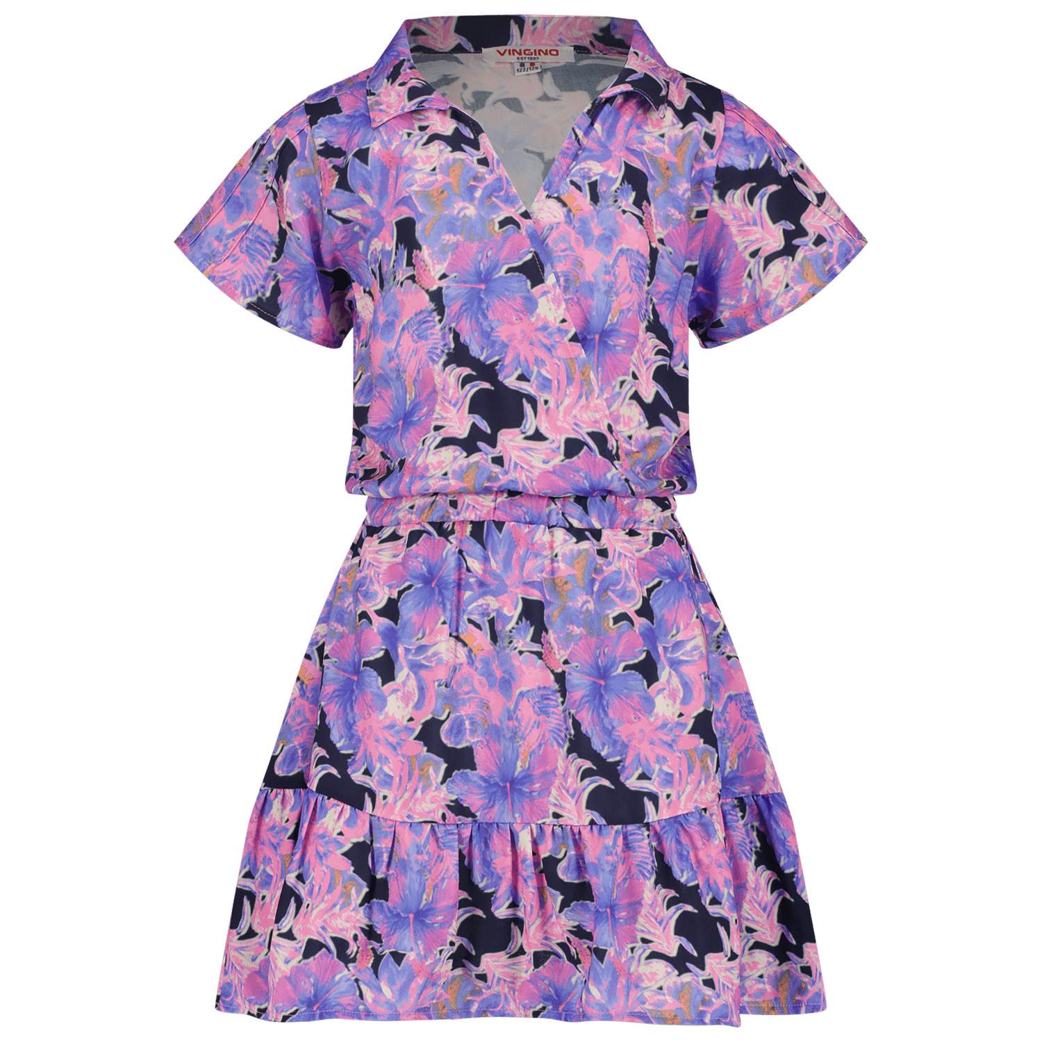 VINGINO jurk Penelop met bloemenprint en volant paars donkerblauw Meisjes Viscose V-hals 140