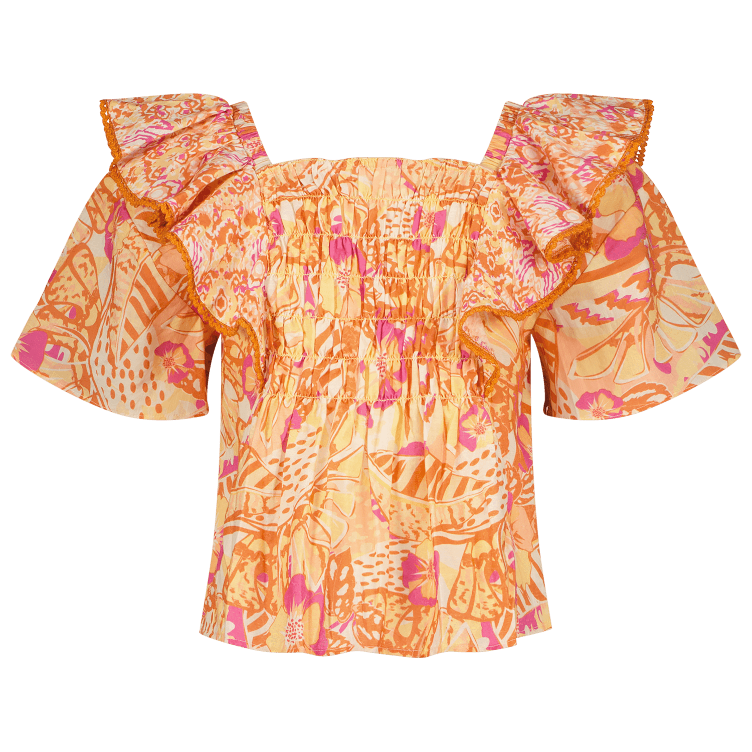 VINGINO top Lorance met all over print oranje roze geel Meisjes Katoen Vierkante hals 140