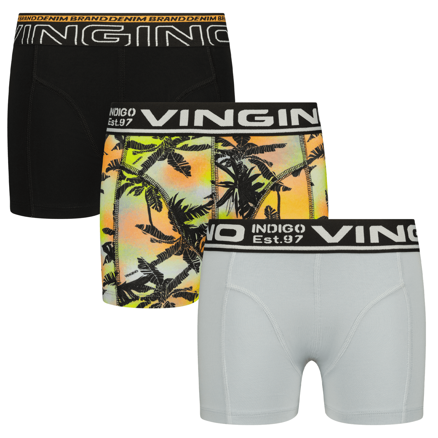 VINGINO boxershort Palm set van 3 zwart grijs geel Jongens Stretchkatoen 146 152
