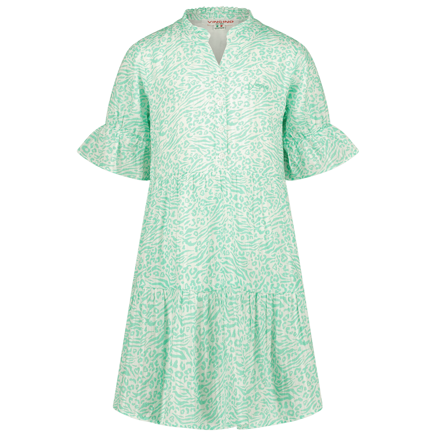 VINGINO A-lijn jurk Pemmelie met all over print en volant mintgroen wit Meisjes Katoen V-hals 140