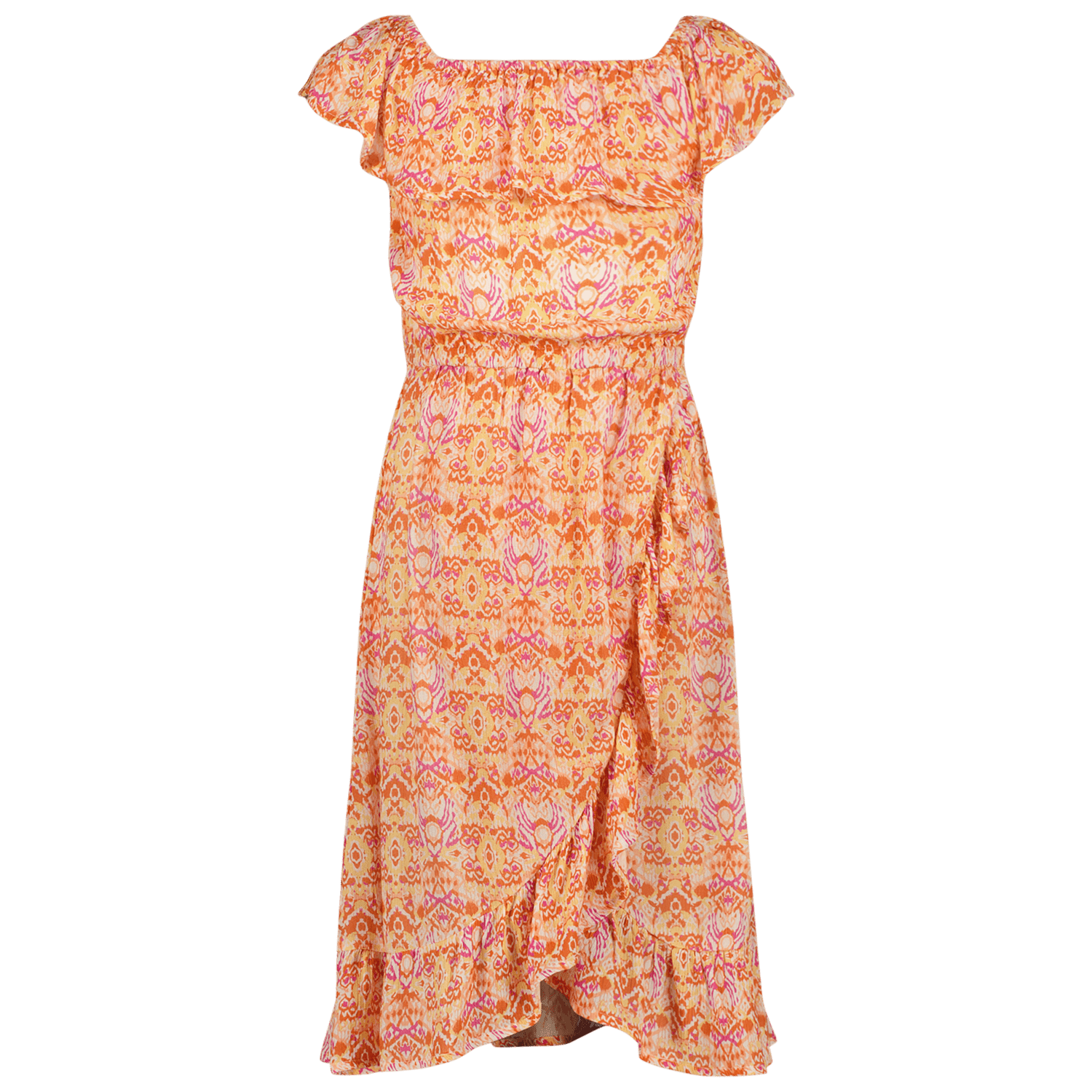 VINGINO off shoulder jurk Peninah met all over print en volant oranje roze geel 140