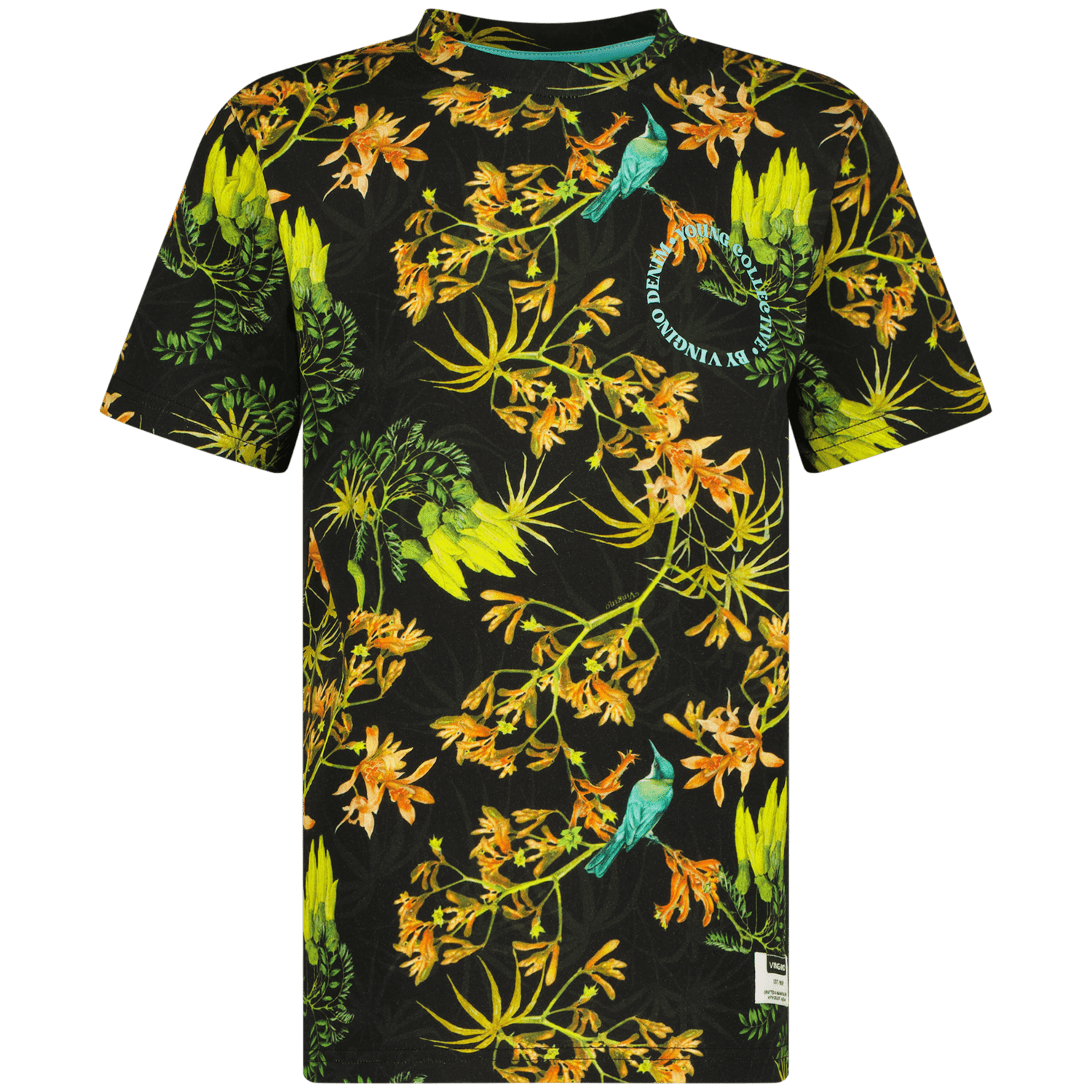 VINGINO T-shirt Jerro met all over print zwart neon geel oranje Jongens Katoen Ronde hals 140