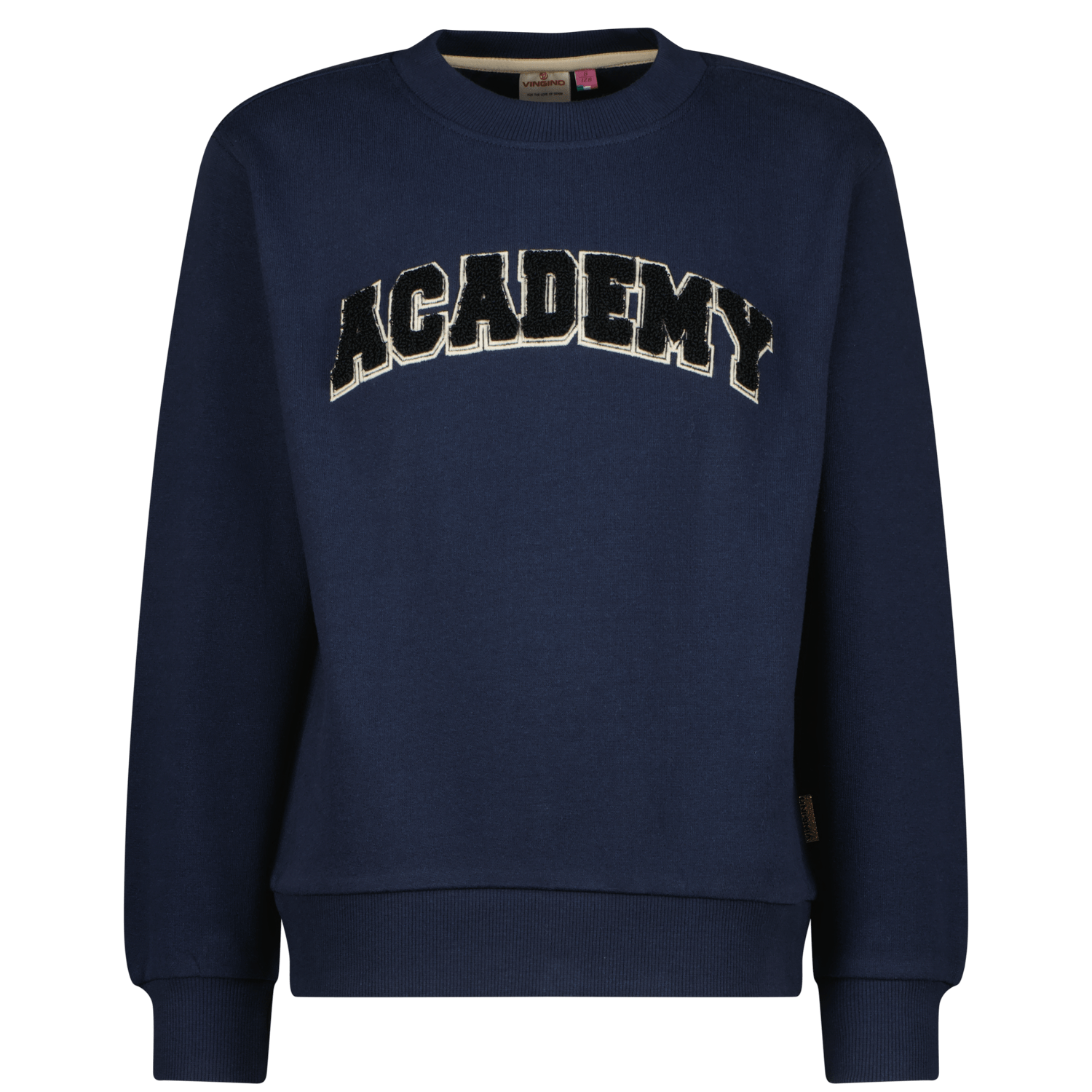 VINGINO sweater Nousha met tekst en 3D applicatie donkerblauw zwart Tekst 140